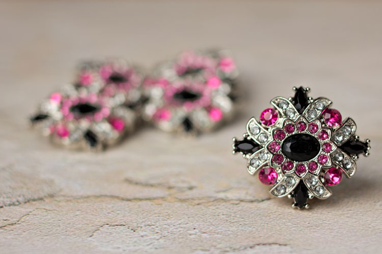 Madeline - Black/Hot Pink/Clear Rhinestone Button