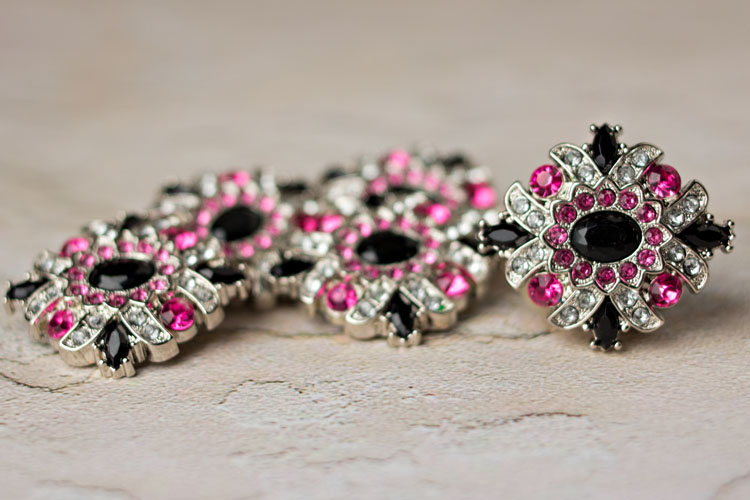 Madeline - Black/Hot Pink/Clear Rhinestone Button