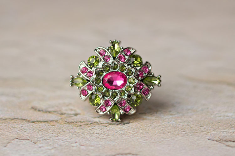 Madeline - Pink/Green Rhinestone Button