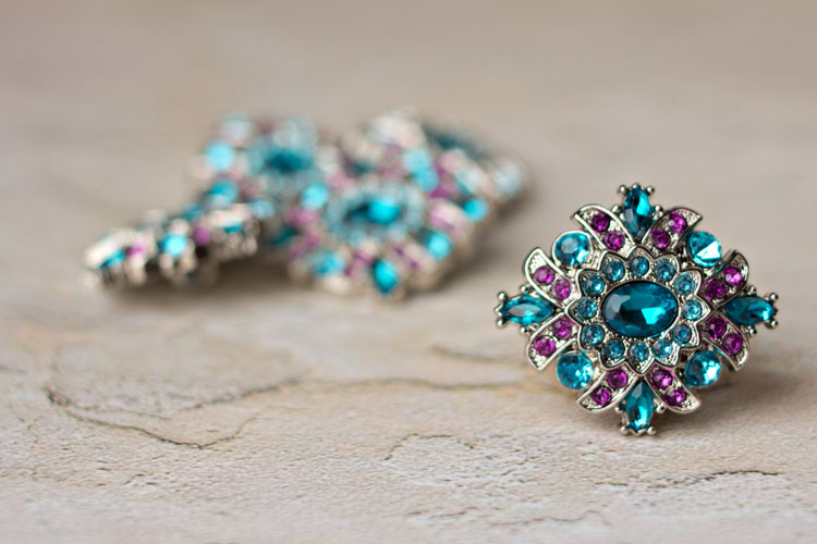 Madeline - Teal/Turquoise/Purple Rhinestone Button