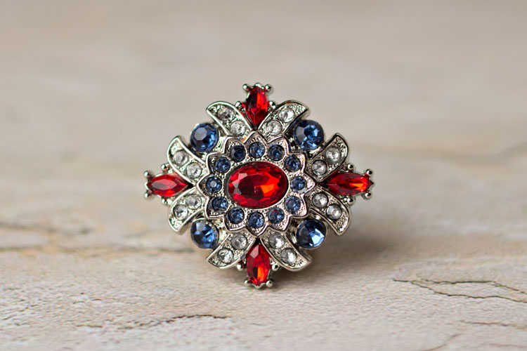 Madeline - Red/Navy/Clear Rhinestone Button