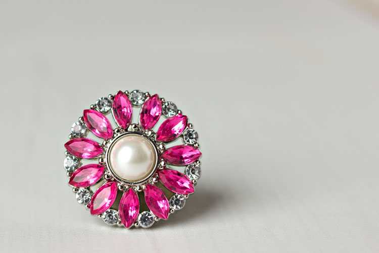 Amy - White Pearl/Hot Pink Rhinestone Button