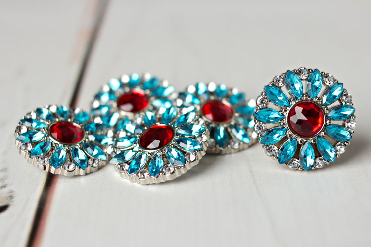 Amy - Turquoise/Clear/Red Rhinestone Button