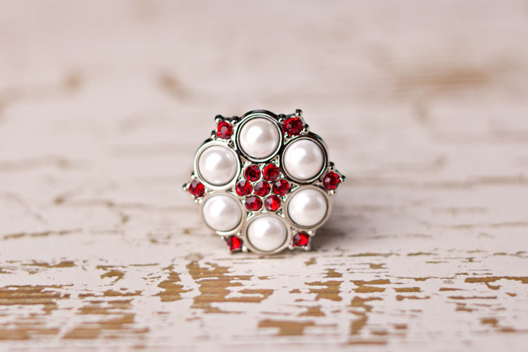 Abbey - White Pearl/Red Rhinestone Button