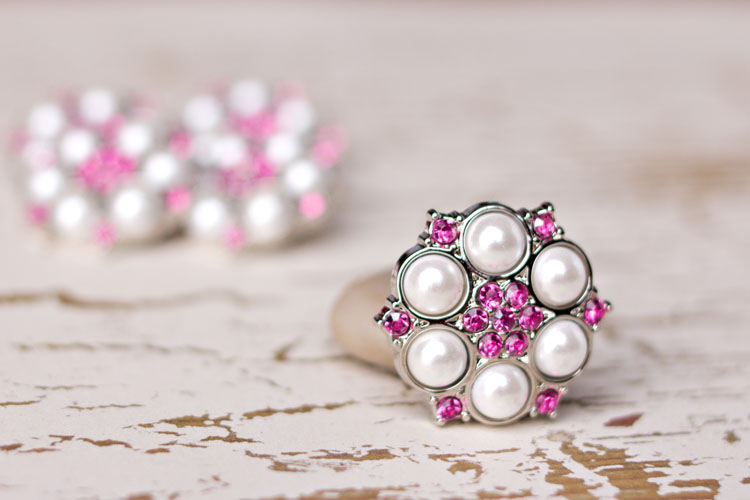 Abbey - White Pearl/Hot Pink Rhinestone Button