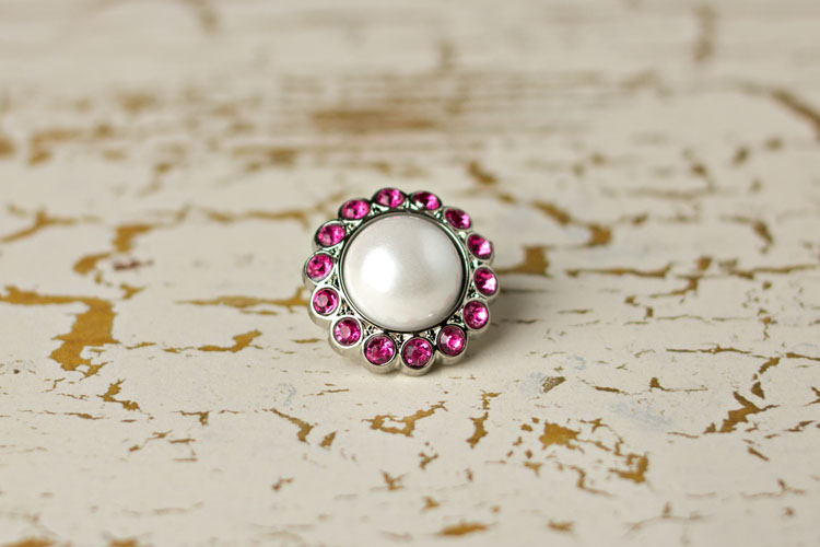 Amelia - White Pearl/Hot Pink Rhinestone Button