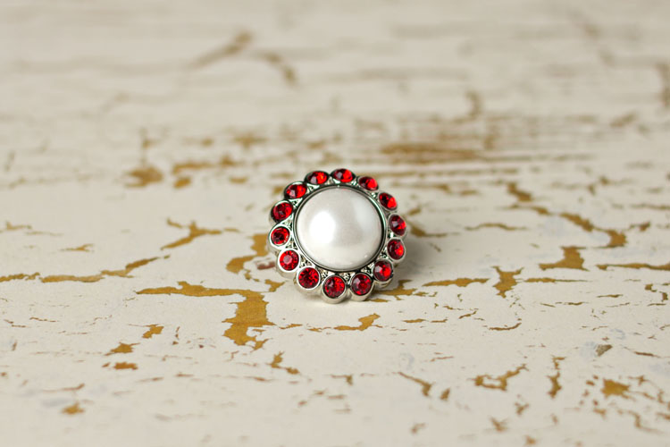 Amelia - White Pearl/Red Rhinestone Button