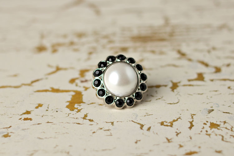 Amelia - White Pearl/Black Rhinestone Button