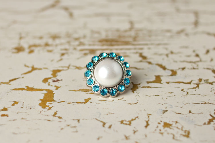 Amelia - White Pearl/Turquoise Rhinestone Button